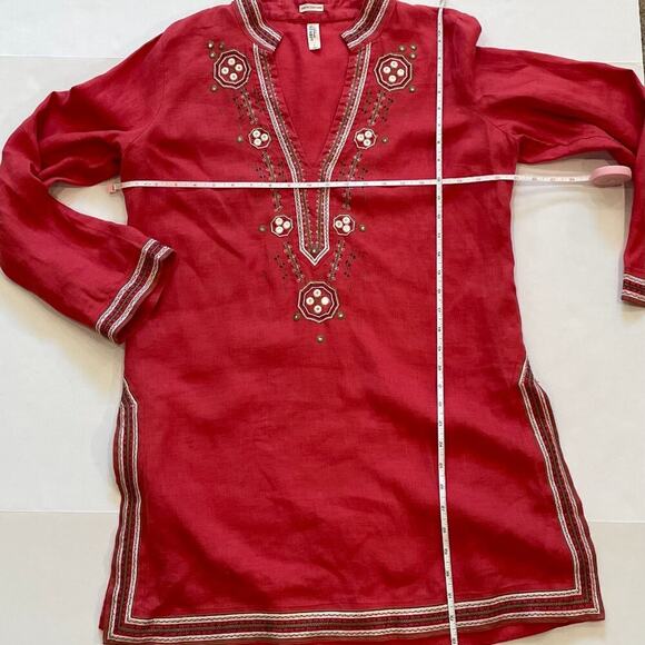 VTG Old Navy Red Linen Long Sleeve Boho Embroidered V-Neck Tunic/Cover-Up Size L - Picture 11 of 14